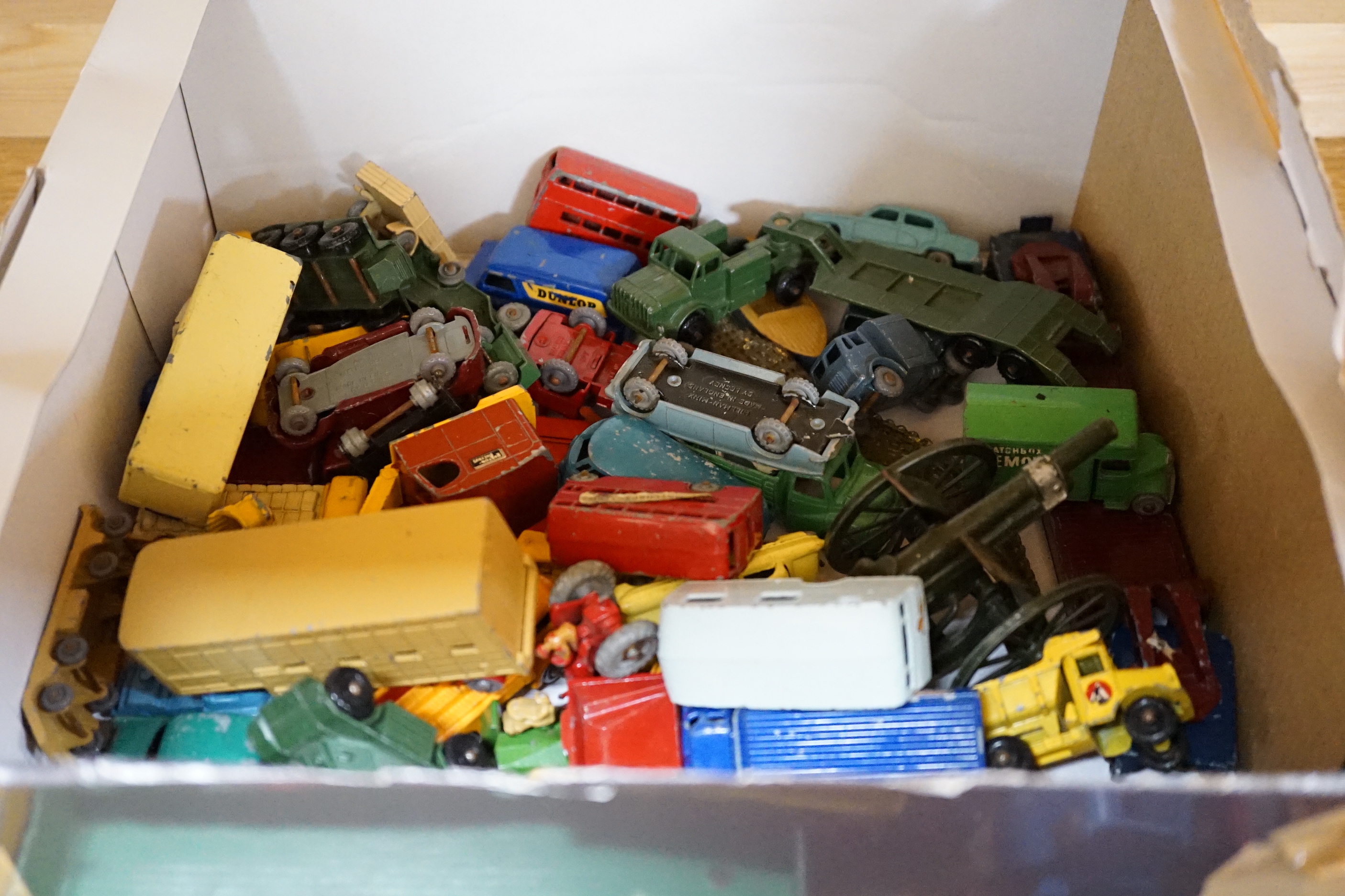 A collection of Dinky Toys, Matchbox Series diecast vehicles, including Dinky Auto Service Car Carrier and trailer, Leyland Octopus, MG Midget, Aston Martin, etc. (approx 80+)